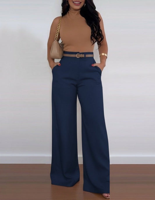 Kadın Yüksek Bel Geniş Paça Detaylı Cepli Ithal Krep Pantolon