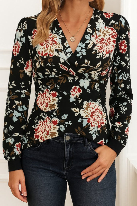 Kadın Uzun Kollu Kruvaze Yakalı Kelebek Desenli şardonlu Dalgıç Bluz