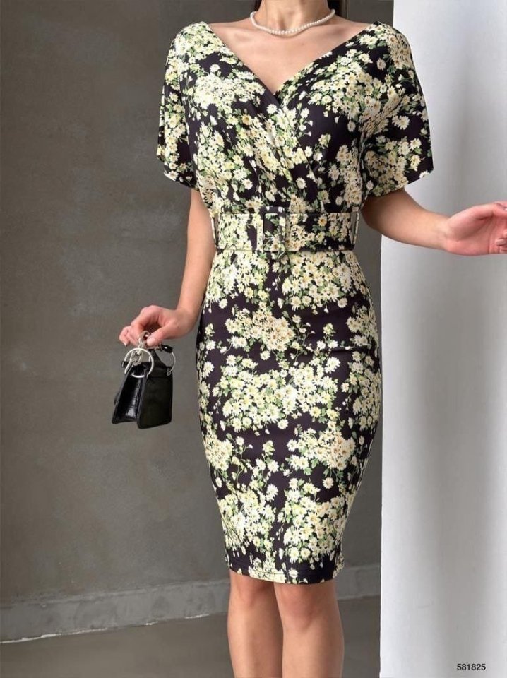 Kadın Dalgıç Kumaş V Yaka çiçek Desenli Kuşaklı Kalem Elbise