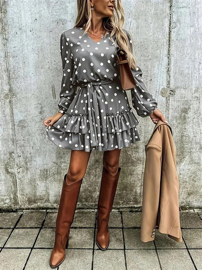 Kadın Uzun Kollu V Yakalı Belden Kuşaklı Puantiyeli Mini Modal Elbise