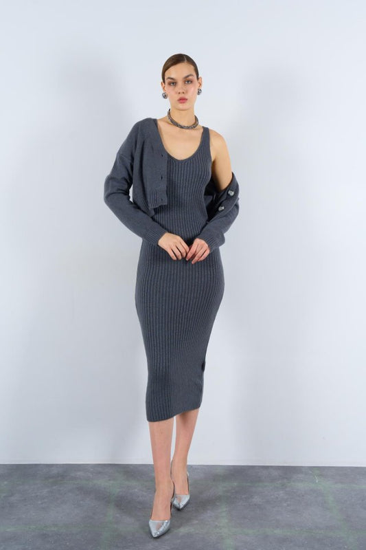 Fitilli Elbise Hırkalı Takım - Füme