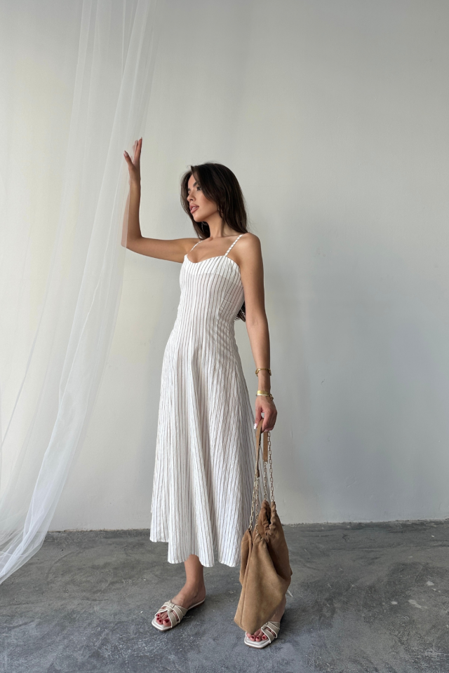 SİMLİ ÇİZGİLİ ASKILI ELBİSE MİDİ BOY - Kahverengi