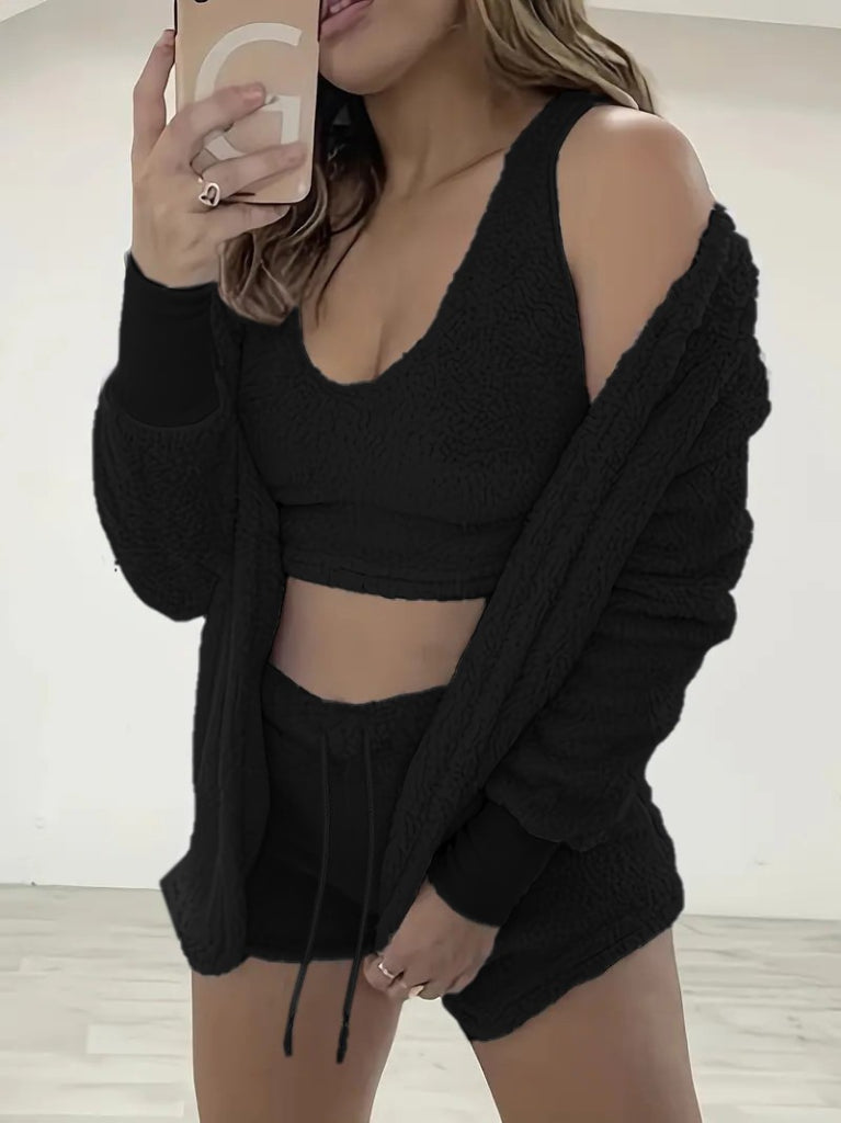 Kadın Uzun Kollu Ceket, Askılı Peluş Bluz Ve şort üçlü Takım