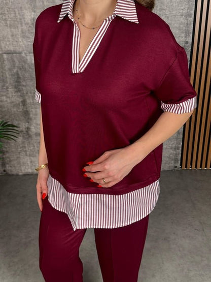 Kadın Modal Kumaş çizgili Gömlek Yaka Ikili Takım