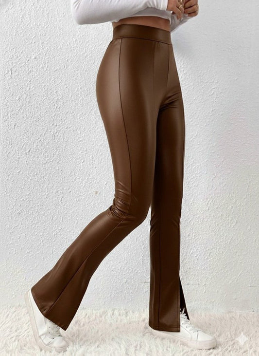 Kadın Yüksek Bel önden Yırtmaçlı Deri Tayt