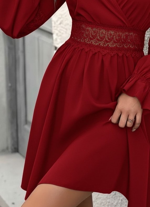 Kadın Uzun Kollu Kruvaze Yakalı Dantelli Fermuar Detaylı Mini Ithal Krep Elbise