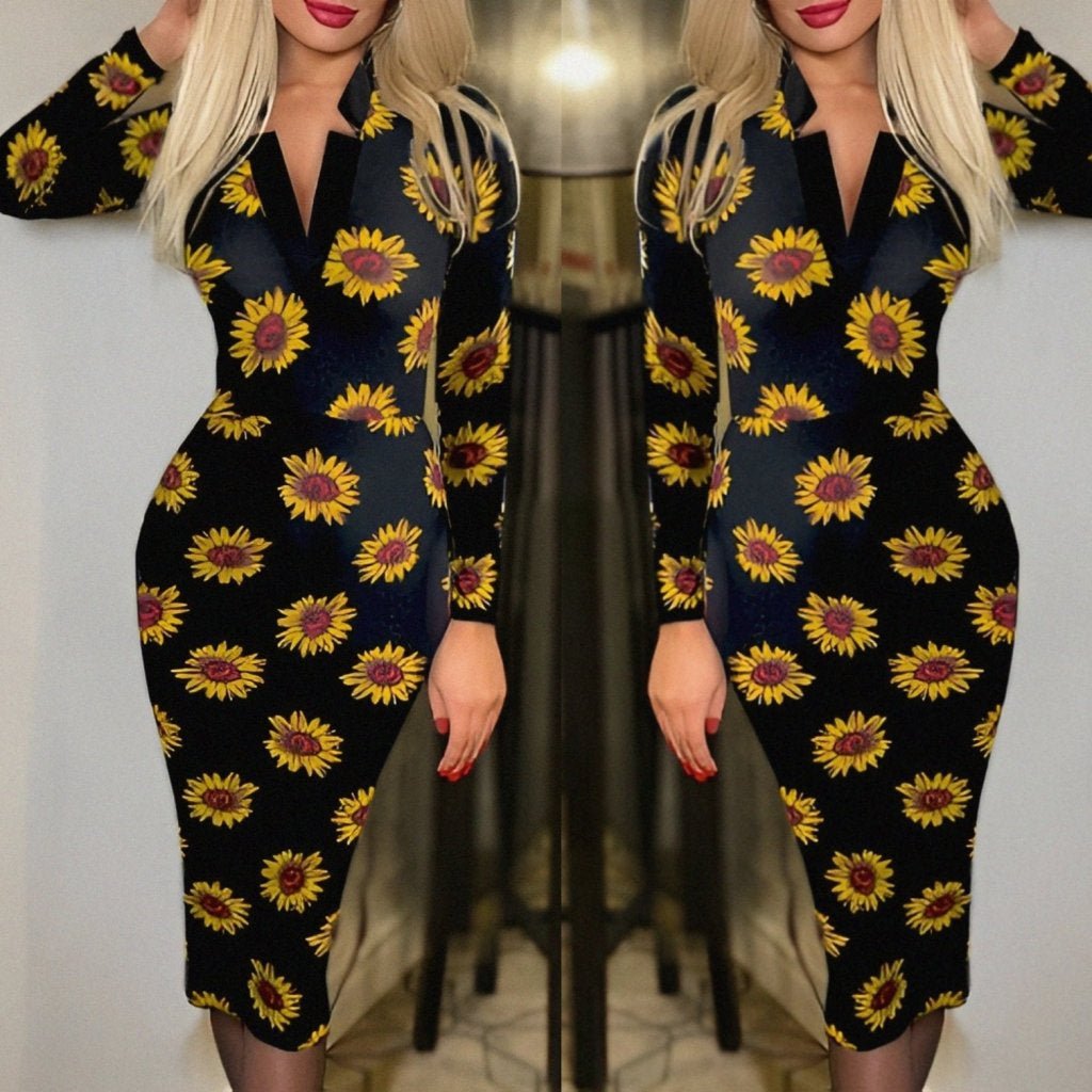 Kadın Uzun Kollu V Yaka Puantiyeli Krep Midi Boy Elbise