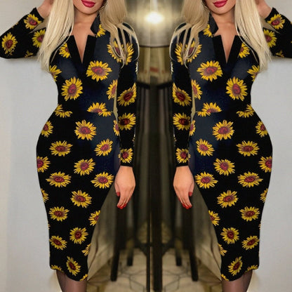 Kadın Uzun Kollu V Yaka Puantiyeli Krep Midi Boy Elbise