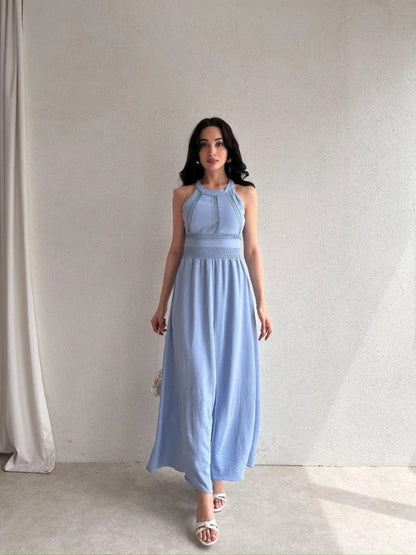 Kadın Krinkil Kumaş Beli Gipeli Halter Yaka Maxi Boy Elbise