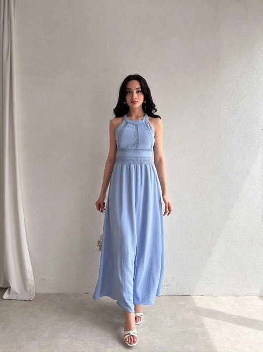 Kadın Krinkil Kumaş Beli Gipeli Halter Yaka Maxi Boy Elbise