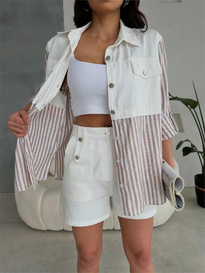 GABARDİN ŞORT - GABARDİN - ÇİZGİLİ KETEN GARNİLİ CEKET TAKIM - Kahverengi