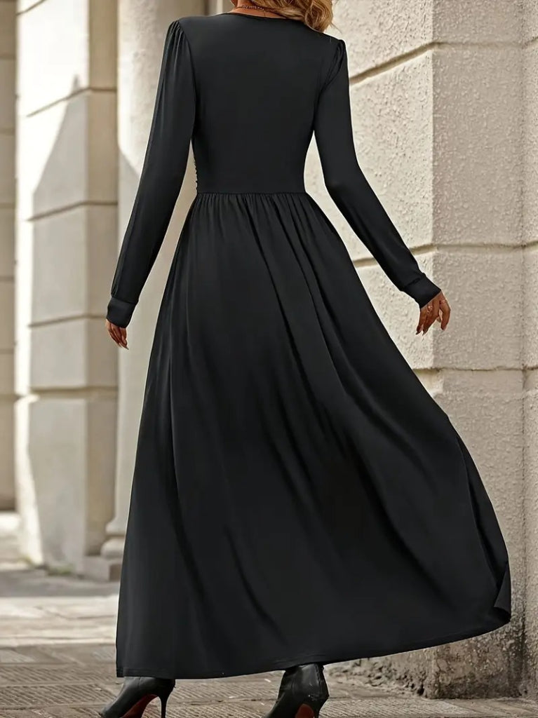 Kadın Uzun Kollu V Dantel Yakalı Yırtmaçlı Uzun Sandy Elbise