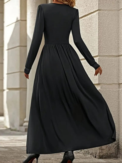 Kadın Uzun Kollu V Dantel Yakalı Yırtmaçlı Uzun Sandy Elbise