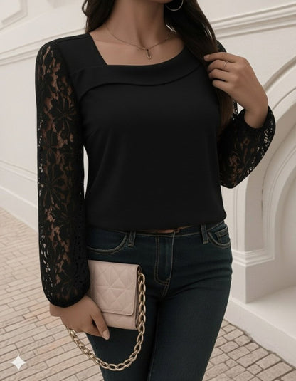 Kadın Uzun Kollu Asimetrik Yakalı Dantelli Ithal Krep Bluz