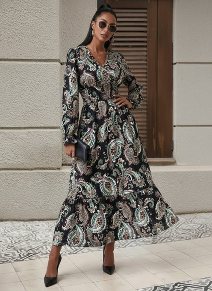 Kadın Uzun Kollu Kruvaze Yaka Beli Lastikli Uzun Desenli Maxi Elbise