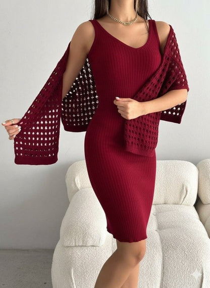 Kadın Uzun Kollu Delikli Kazak Askılı Elbise Triko Ikili Takım
