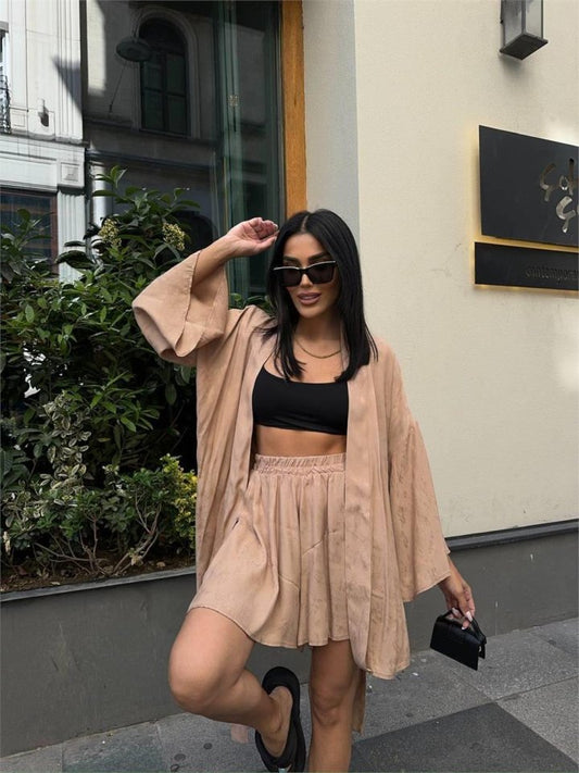 JAKARLI KİMONO - ŞORT TAKIM - Bej