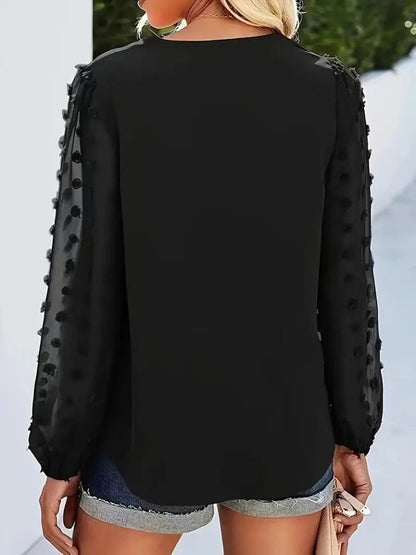 Kadın Uzun Kollu V Yakalı Kolları Popon Detaylı Sandy Bluz