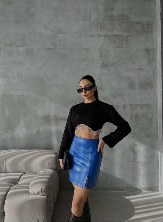 KAPİTONE DERİ ETEK YIRTMAÇLI - Saks