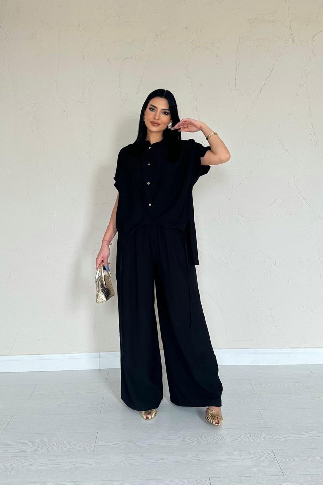 Siyah Önü Pileli İkili Keten Takım