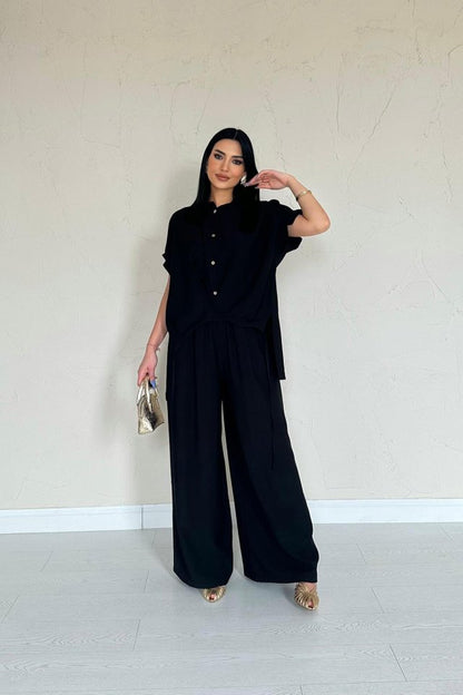 Siyah Önü Pileli İkili Keten Takım