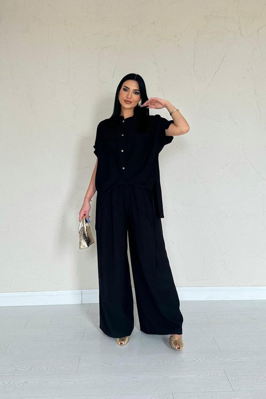 Siyah Önü Pileli İkili Keten Takım