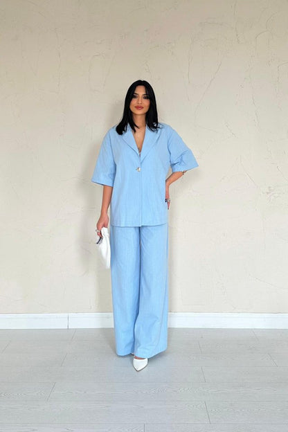 Mavi Önü Tek Düğmeli Ceket Pantolon Takım