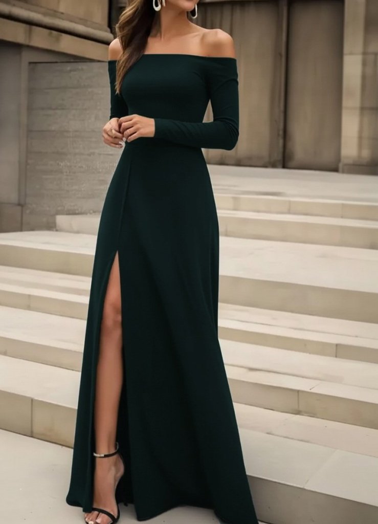 Kadın Uzun Kollu Madonna Yakalı Yırtmaç Detaylı Uzun Ithal Krep Elbise