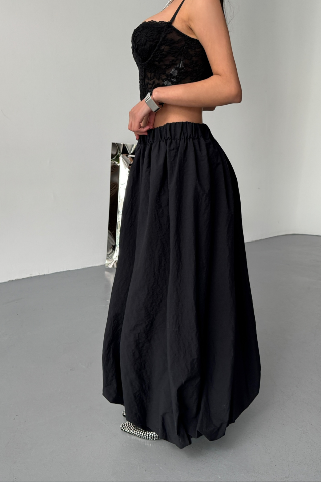 BEL LASTİKLİ BALON ETEK ŞANEL BOY SOFT KUMAŞ - Siyah