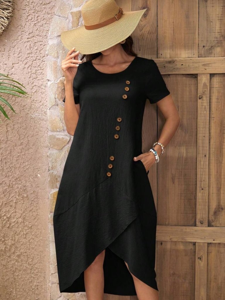 Kadın Kısa Kollu Bisiklet Yaka Düğme Detay Müslim Elbise