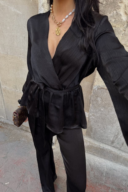 SATEN KRUVAZE BAĞLAMALI BLUZ- PANTOLON TAKIM - Siyah