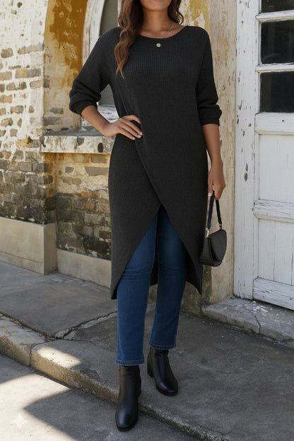 Kadın Uzun Kollu Bisiklet Yakalı önden çapraz Kesim Detaylı Midi Triko Elbise