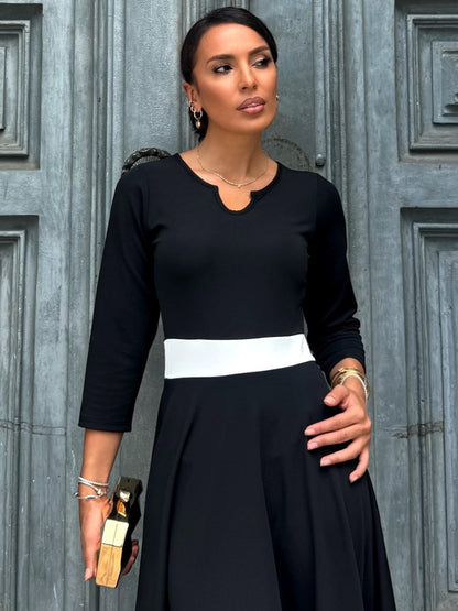 Kadın Truvakarkol Yakası Açık Blok Renkli Krep Midi Elbise