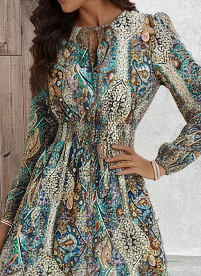 Kadın Uzun Kollu Uakadabağcıklı Beli Lastikli Desenli Uzun Süprem Elbise