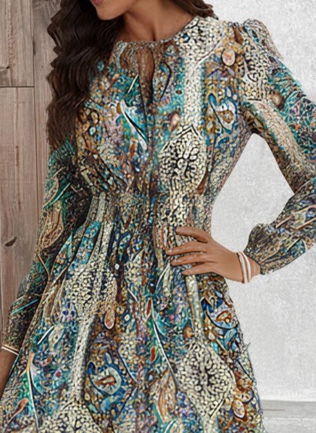 Kadın Uzun Kollu Uakadabağcıklı Beli Lastikli Desenli Uzun Süprem Elbise