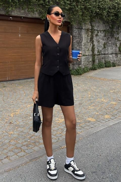 Yelek Şort Flamlı Keten Takım 10133-17