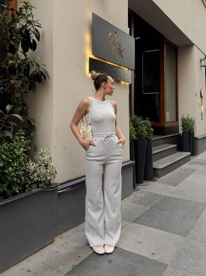 Kadın Kaşkorse Kumaş Atlet Ve Yüksek Bel Bol Paça Pantolon Ikili Takım