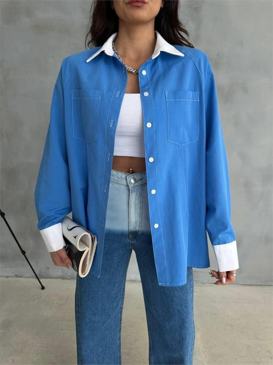 KOL VE MANŞET BEYAZ KAPALI PİLE DETAYLI GÖMLEK - Mavi