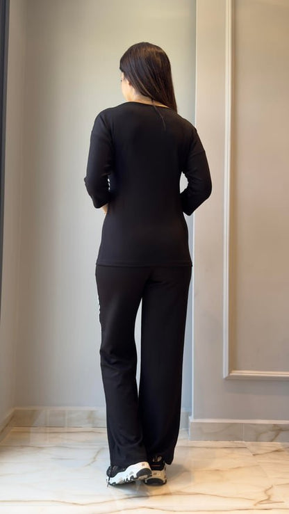 Kadın Uzun Kollu Truvakar Kol Tek Omuz çapraz şerit Detaylı Ribanalı Viskon Iki Iplik Bluz Ve Pantolon Ikili Takım