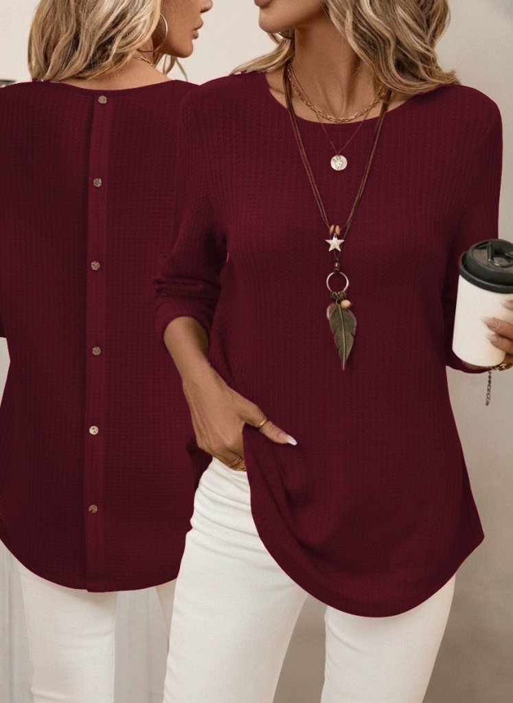 Kadın Uzun Kollu Yuvarlak Yaka Arkadan Düğmeli Waffle Bluz
