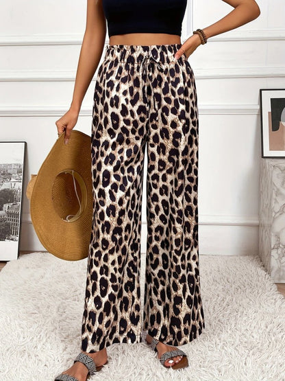 Kadın Yüksek Bel Beli Lastikli Bağcıklı Leopar Desenli Süprem Pantolon