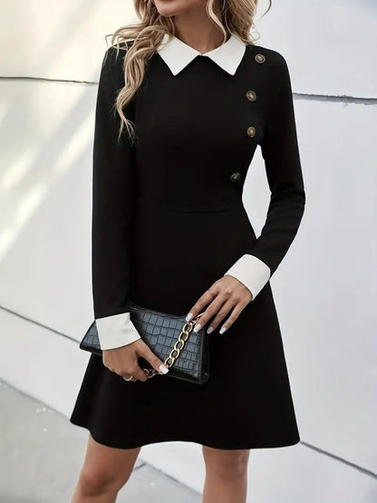 Kadın Uzun Kollu Yakalı Düğmeli Kısa Modal Mini Elbise