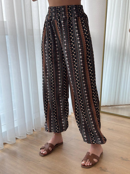 Kadın Yüksek Bel Etnik Desenli Geniş Dökümlü Bürümcük Pantolon