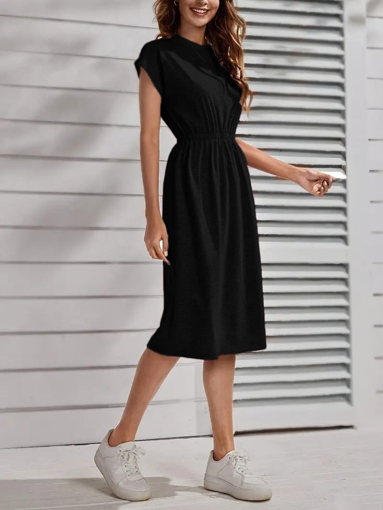 Kadın Kısa Kollu Bisiklet Yaka Belden Lastikli Midi Viskon Elbise