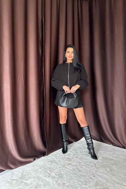 Siyah Kısa Önü Fermuarlı Bomber Ceket