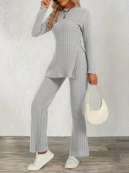 Kadın Uzun Kollu Bisiklet Yaka Yandan Yırtmaçlı şardonlu Kaşkorse Bluz Ve Pantolon Ikili Takım