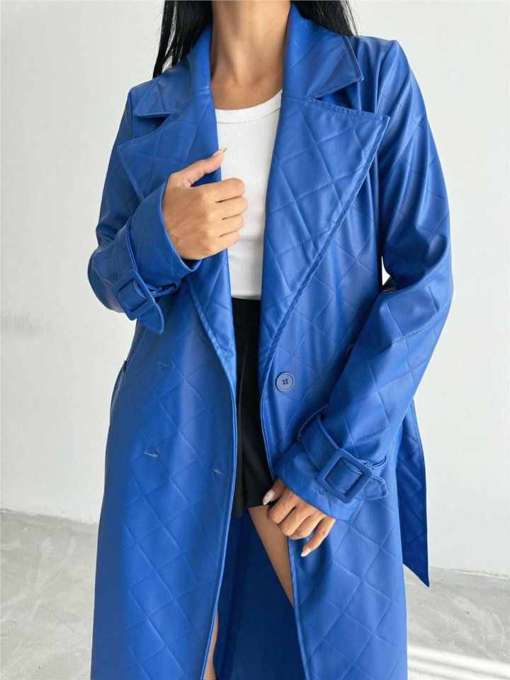 KAPİTONE DERİ TRENCH - Mavi