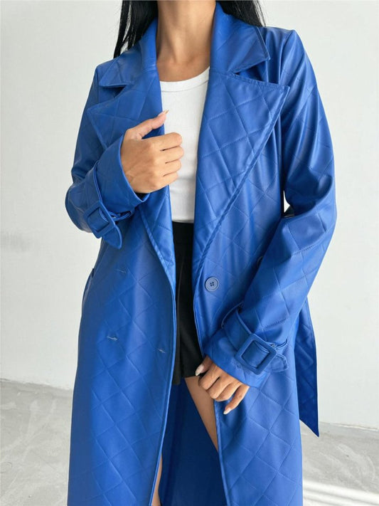 KAPİTONE DERİ TRENCH - Mavi