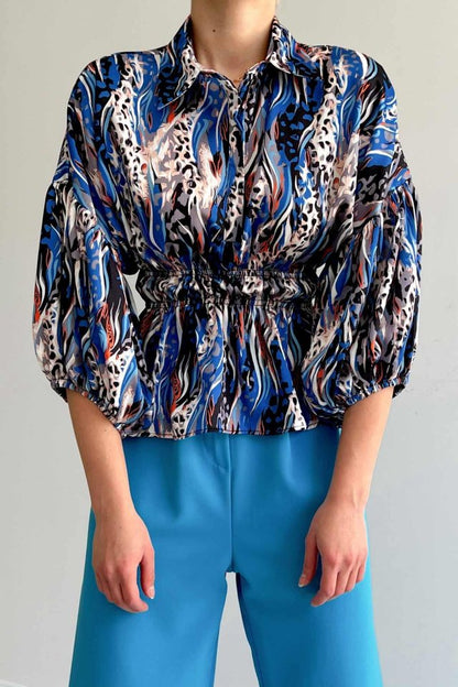 Beli Lastikli Saten Gömlek - Mavi