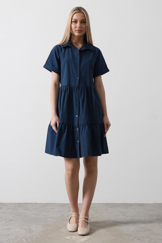 Kısa Kol Düğmeli Elbise - İndigo